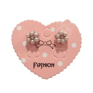 Flower Stud Earrings Pink Faux Pearl Clear Rhinestone Silvertone Fashion Jewelry